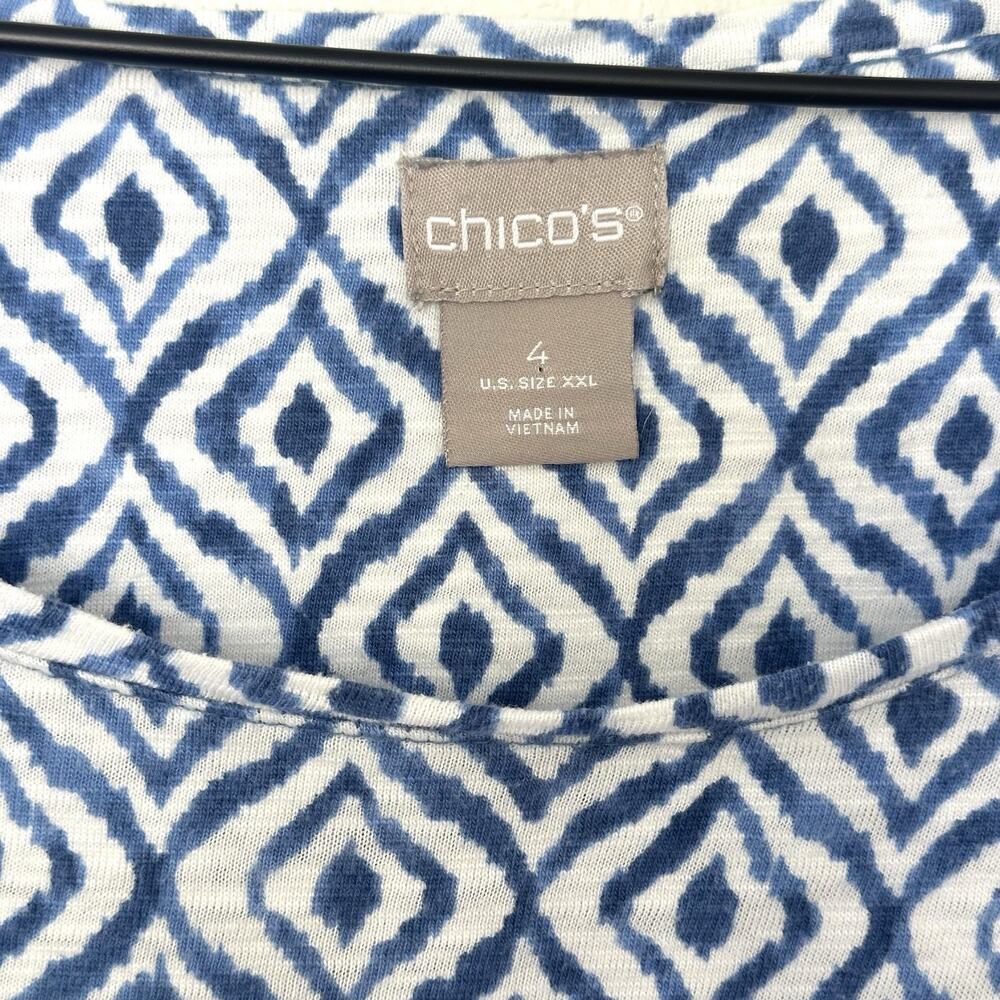 CHICOS Ikat Print Tee Womens XXL (4) Blue White 3/4 Sleeve Slub Knit Boho Top - Picture 2 of 10